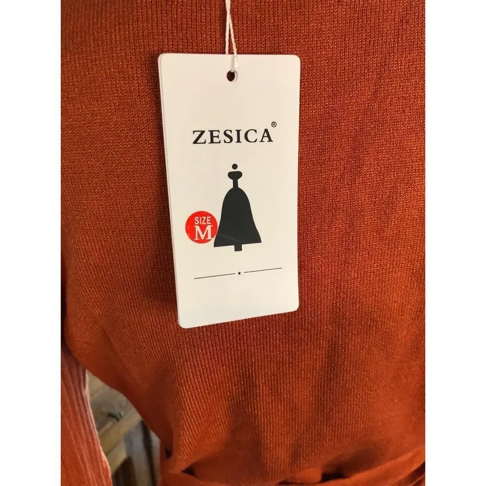 NWT Zesica Rust Pleated Long Sleeve V-Neck Tie Waist cross bodice Dress M